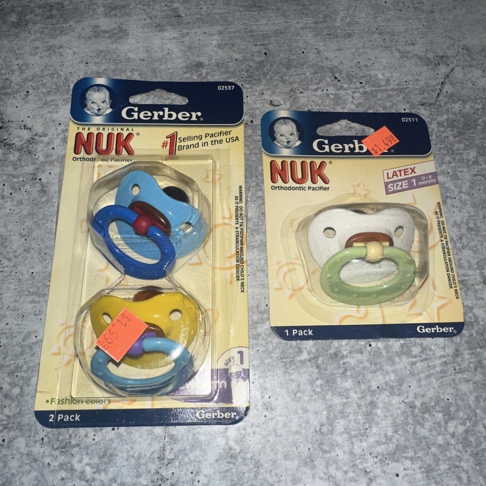 As Is 3 Gerber NUK Orthodontic Latex Pacifiers Size 1 Blue Yellow Newborn